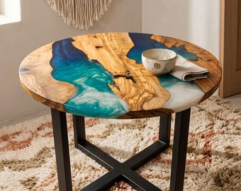 Ocean River Epoxy Resin Coffee Table, Round Coffee Table, Epoxy Resin Table, Resin Side Table, Epoxy Table Top, Handmade Resin Furniture