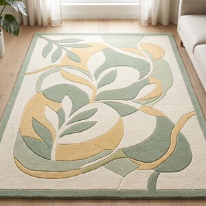 Hand-Tufted Botanical Abstract Rug – Cream, Sage Green, Mustard Yellow Leaf Pattern Carpet