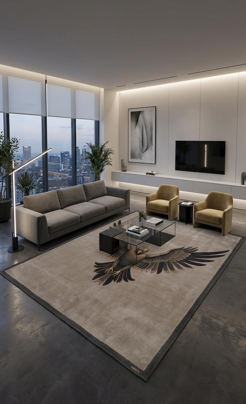 Hand Tufted Eagle Rug Luxury Wildlife Statement Carpet Modern Neutral ...