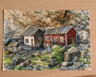 Postal de acuarela de Noruega – paisaje – postal acuarela – tarjeta artística – decoración de pared – Helleren