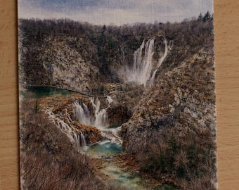 Postal de acuarela de Croacia – paisaje – postal de acuarela – tarjeta artística – decoración de pared – Plitvice