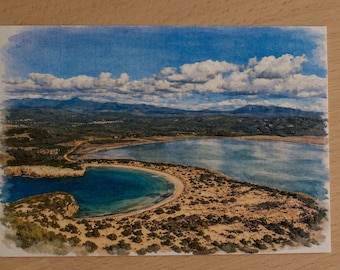 Postal de acuarela de Grecia – paisaje – postal acuarela – tarjeta artística – decoración de pared – Playa Omega