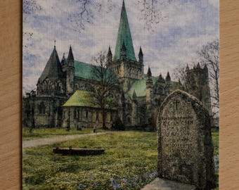 Postal de acuarela de Noruega – paisaje – postal acuarela – tarjeta artística – decoración de pared – Catedral de Nidaros – Trondheim