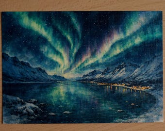 Postal de acuarela de Noruega – paisaje – postal acuarela – tarjeta artística – decoración de pared – auroras boreales