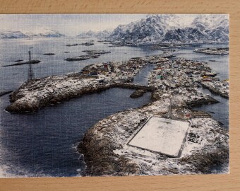 Postal de acuarela de Noruega – paisaje – postal de acuarela – tarjeta artística – decoración de pared – Henningsvaer