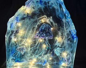 Ocean Crystal Jellyfish Lamp | Handmade Epoxy Resin LED Light | Ocean Decor | Resin Art Lamp | Unique Home Decoration | One of a Kind Gift
