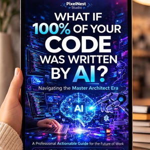 Pode incluir: Um produto digital para download exibido em um tablet. A tela mostra o texto "WHAT IF 100% OF YOUR CODE WAS WRITTEN BY AI?" com um gráfico de IA. O produto é um guia para o futuro do trabalho, incluindo um roteiro de 12 meses.