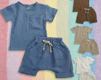 Unisex Baby Cotton Gauze Set – Breathable Top and Shorts Outfit for Summer – Casual Infant Two Piece Playwear for Toddlers 1-3y