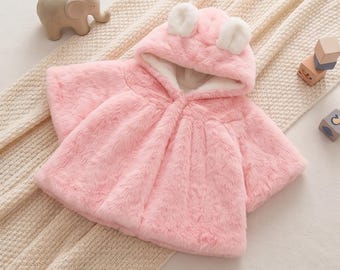 Cappotto rosa con cappuccio in pelliccia sintetica per bambina, con dettaglio a orecchie in montone, giacca calda per neonati.