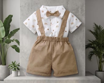 Baby Boy Tiger Print Outfit, Short Sleeve Shirt, Suspender Pants Set, Toddler Birthday Apparel