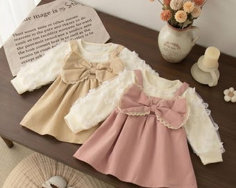 Jurk van bubbelstof babymeisje, peuterjurk in Koreaanse stijl, A-lijn strikjurk met lange mouwen, lente-herfstoutfit 6-24 maanden