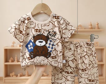 Kleinkind Baumwollstrick T-Shirt Shorts Set - Atmungsaktives Cartoon Playwear Sommer Outfit