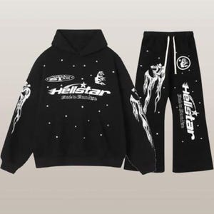 Hellstar Racer Tracksuit Vintage Black – Flame Graphic Streetwear Hoodie and Sweatpants Set ,Oversized Unisex Jogger Set