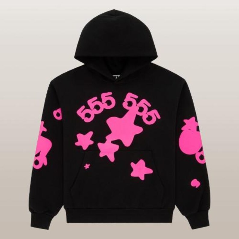 May include: Black hooded sweatshirt with a kangaroo pocket and a drawstring hood. The sweatshirt features the number "555" and star shapes in bright pink on the front and sleeves.