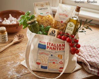 Italian Pantry Tote Bag, Foodie Gift, Cute Grocery Bag, Pasta Lover Tote, Kitchen Aesthetic Bag, Italian Food Art, Reusable Canvas Bag