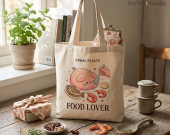 Kawaii Food Lover Tote Bag, Cute Pig Graphic Grocery Bag, Funny Foodie Gift, Aesthetic Tote, Shrimp And Fish Art, Reusable Canvas Bag