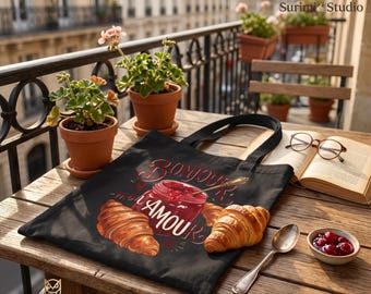 French Aesthetic Tote Bag, Bonjour Mon Amour , Croissant Jam Canvas Tote, Foodie Lover Bag, Cute Cafe Style Bag, Romantic Gift, Paris Vibe