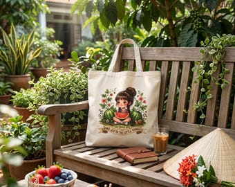 Watermelon Tote Bag, Cottagecore Aesthetic, Cute Girl Illustration, Find Joy In Little Things, Boho Grocery Bag, Whimsical Art, Gift For Her