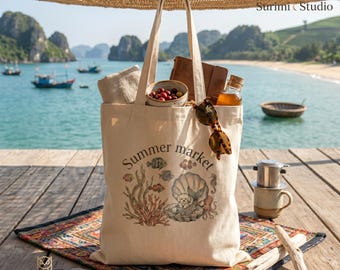 Summer Market Tote Bag, Cute Mermaid Dog , Ocean Animal Canvas Bag, Sea Life Graphic Tote, Beach Day Accessory, Cottagecore Tote, Pet Lover