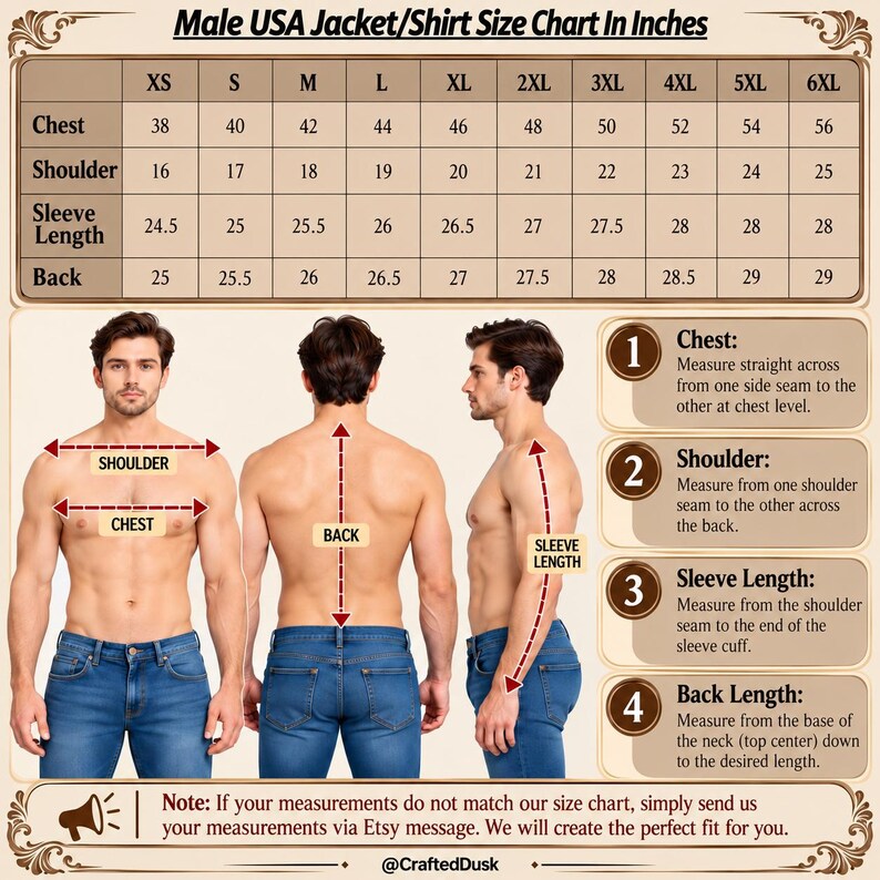 K&ouml;nnte beinhalten: Eine Gr&ouml;&szlig;entabelle f&uuml;r Jacken und Hemden in Zoll mit Gr&ouml;&szlig;en von XS bis 6XL. Sie enth&auml;lt Darstellungen einer Person von vorne, hinten und der Seite, wobei rote gestrichelte Linien die Messpunkte f&uuml;r Brust, Schulter, &Auml;rmell&auml;nge und R&uuml;ckenl&auml;nge markieren.