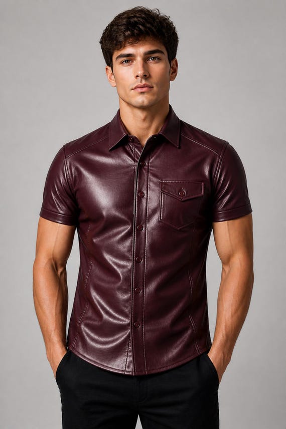 Handmade Men Real Leather Shirt | Slim Fit Minimal Short Sleeve Streetwear