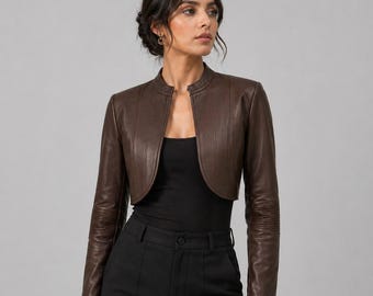 Handmade Cropped Brown Leather Jacket | Women Slim Fit Moto Style Coat