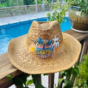 Sombrero de paja personalizado de vaquera costera, sombrero de playa con parche