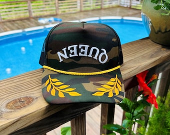 Custom Camo Rope Trucker Hat — “QUEEN” Upside‑Down Print, Laurel Embroidery, Snapback