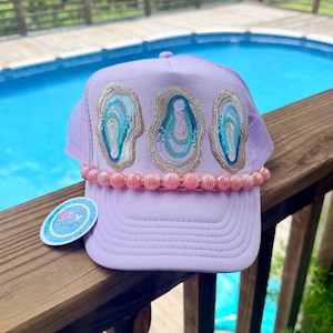 Oyster Trucker Hat | Sequin Coastal Beach Cap | Pink Beaded Summer Hat