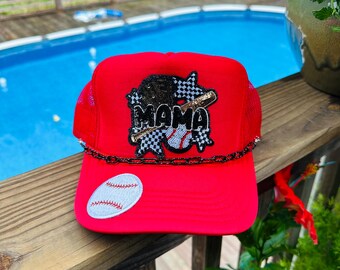 Baseball Mama Trucker Hat • Sequin Patch, Game Day Cap