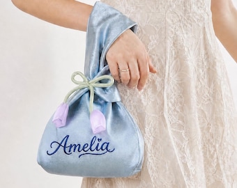Custom Satin Knot Gift Bag, Personalized Bridesmaid Tote, Embroidered Wedding Favor Pouch with Flower Tie, Tulip Wrist Bag, Silk Cloth Bag
