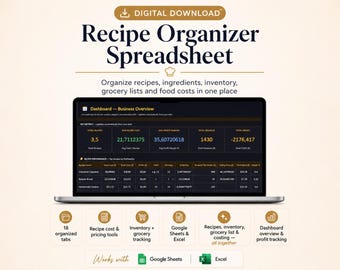 Recipe Organizer Spreadsheet, Ingredient Inventory & Grocery List