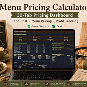 Puede incluir: Una computadora portátil muestra un panel de precios de menú con el texto "Menu Pricing Calculator" y "30-Tab Pricing Dashboard". La imagen incluye comida, café y un menú de catering. El panel incluye costo de alimentos, precios de menú y seguimiento de ganancias.