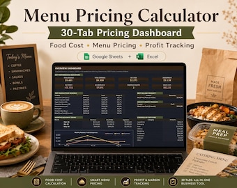 Menu Pricing Calculator Spreadsheet, Food Cost Calculator, Restaurant Cafe Profit Tracker, Excel Google Sheets