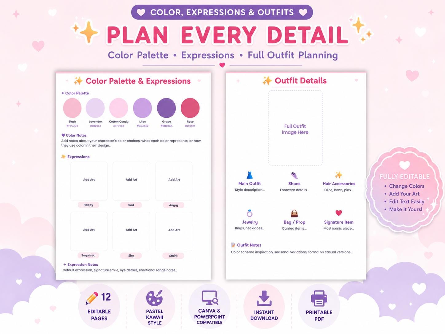 Kawaii OC Reference Sheet PDF, Pastel Character Profile Template - Etsy