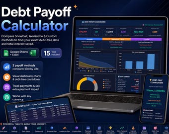 Debt Payoff Calculator Spreadsheet, Snowball Avalanche Tracker for Google Sheets and Excel