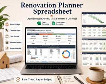Renovation Planner Spreadsheet | Home Remodel Tracker with Gantt Chart & Budget Organizer