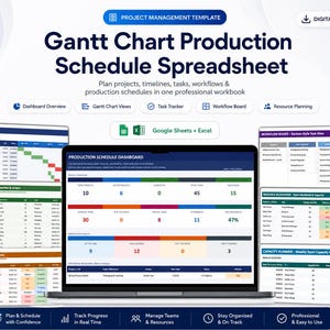Pode incluir: Um download digital de um modelo de planilha de programação de produção do diagrama de Gantt. A imagem mostra um laptop exibindo um painel de programação de produção, com visualizações para gráficos de Gantt, rastreamento de tarefas e planejamento de recursos.