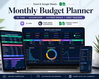 Monthly Budget Planner Spreadsheet, Expense Tracker & Savings Dashboard for Google Sheets and Excel