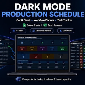 May include: A dark blue digital product mockup with the text "DARK MODE PRODUCTION SCHEDULE" and "Gantt Chart • Workflow Planner • Task Tracker." The image shows a laptop and two tablets displaying project management dashboards. Includes "15+ Tabs" and "Dashboard Included."