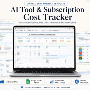 May include: A laptop displaying a digital spreadsheet template titled "AI Tool & Subscription Cost Tracker." The screen shows data tables with financial information. Additional tabs and icons indicate features like Google Sheets compatibility and instant download.