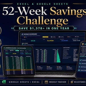 May include: A digital 52-Week Savings Challenge displayed on a laptop, tablet, and smartphone. The graphic includes the text "Save £1,378+ in One Year" and features options for different challenge types, a visual dashboard, and instant download.
