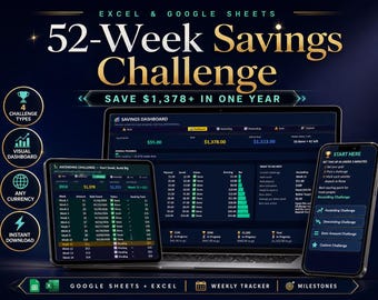 52 Week Savings Challenge Spreadsheet, Money Saving Tracker for Google Sheets Excel