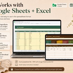 May include: A laptop and tablet displaying spreadsheet software. The laptop screen shows a recipe builder, while the tablet displays a dashboard overview. Text on the image includes "Works with Google Sheets + Excel" and "Instant digital download."