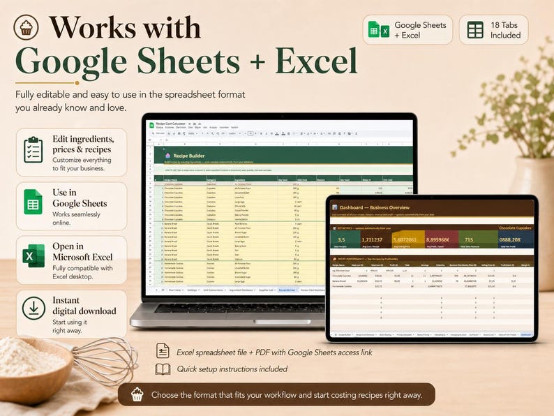 May include: A laptop and tablet displaying spreadsheet software. The laptop screen shows a recipe builder, while the tablet displays a dashboard overview. Text on the image includes "Works with Google Sheets + Excel" and "Instant digital download."