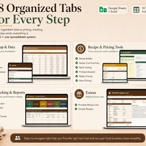 May include: A digital spreadsheet template with 18 organized tabs for every step of food business management. The image shows laptops and tablets displaying the spreadsheet, with sections for setup, recipe tools, tracking, and extras. Text includes "Google Sheets + Excel" and "18 Tabs Included."