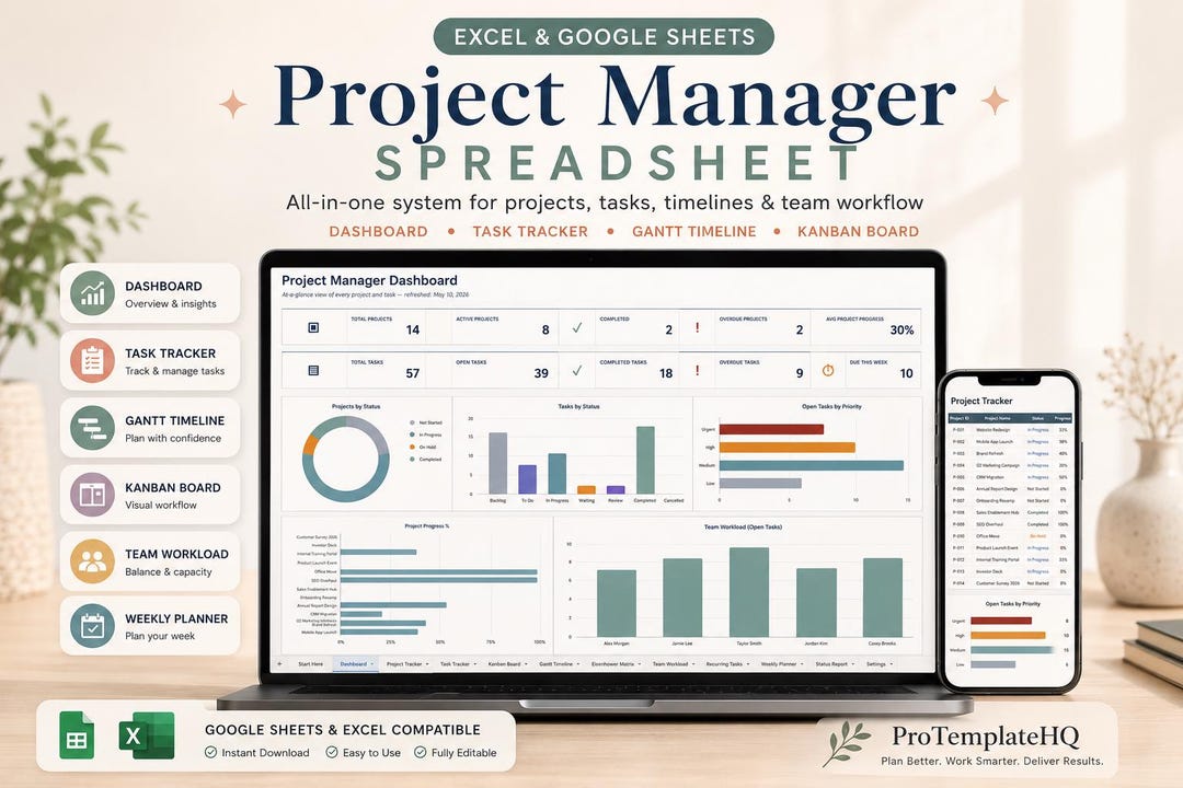 Project Task Excel Workbook Project Manager Spreadsheet, Project Management Dashboard, Task Tracker ...
