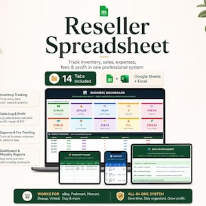 Könnte beinhalten: Eine digitale Reseller-Tabelle, die auf einem Laptop, Tablet und Smartphone angezeigt wird. Die Tabelle verfolgt Inventar, Verkäufe, Ausgaben und Gewinn. Das Bild enthält den Text "Reseller Spreadsheet" und "14 Tabs Included."