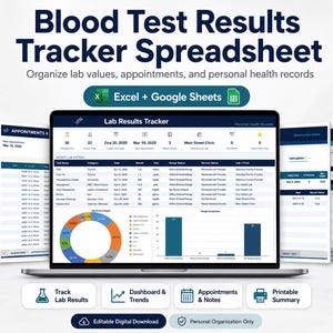 May include: A laptop screen shows a "Blood Test Results Tracker Spreadsheet" with data charts and tables. The image includes the text "Organise lab values, appointments, and personal health records." Additional icons indicate features like tracking lab results and printable summaries.