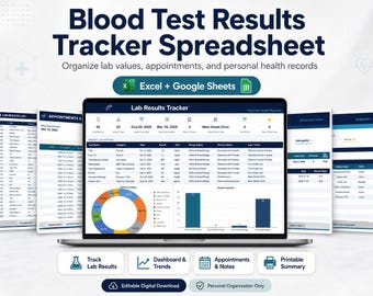 Blood Test Results Tracker Spreadsheet, Lab Results Log, Lab Value Dashboard Excel Google Sheets